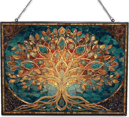 Rectangle Mosaic Sacred Geometry Tree of Life Stained Glass Suncatcher Window Hangings, Suncatchers Colorful Glass Panel Sun Catchers Gifts, Decoration for Home Garden Christmas Party