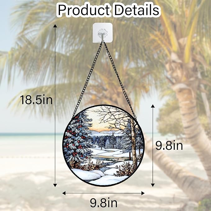 DASTOLL Stained Glass Window Hanging, Winter Snow Landscape Suncatcher Diamond Glass Panel Sun Catchers Decor for Birthday for Women, Men, Wife, Aunt, and Mom 9.8 in