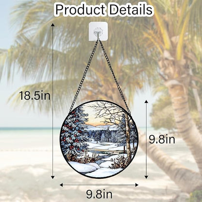 DASTOLL Stained Glass Window Hanging, Winter Snow Landscape Suncatcher Diamond Glass Panel Sun Catchers Decor for Birthday for Women, Men, Wife, Aunt, and Mom 9.8 in