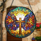 DASTOLL Stained Glass Window Hanging - Jesus Cross Wings Suncatcher Ready to Hang Window Doors Home Decoration and Christmas, Mother's Day Birthday Gifts for Women, Men, and Mom 11.8x11.8 in