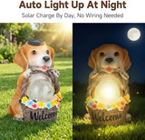 Solar Garden Welcome Statue with LED Light, Outdoor Decorative Animal Figurines, 8-10 Hour Working Time, Floral Basket Design, Lawn Yard Decor (Dog)