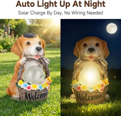 Solar Garden Welcome Statue with LED Light, Outdoor Decorative Animal Figurines, 8-10 Hour Working Time, Floral Basket Design, Lawn Yard Decor (Dog)