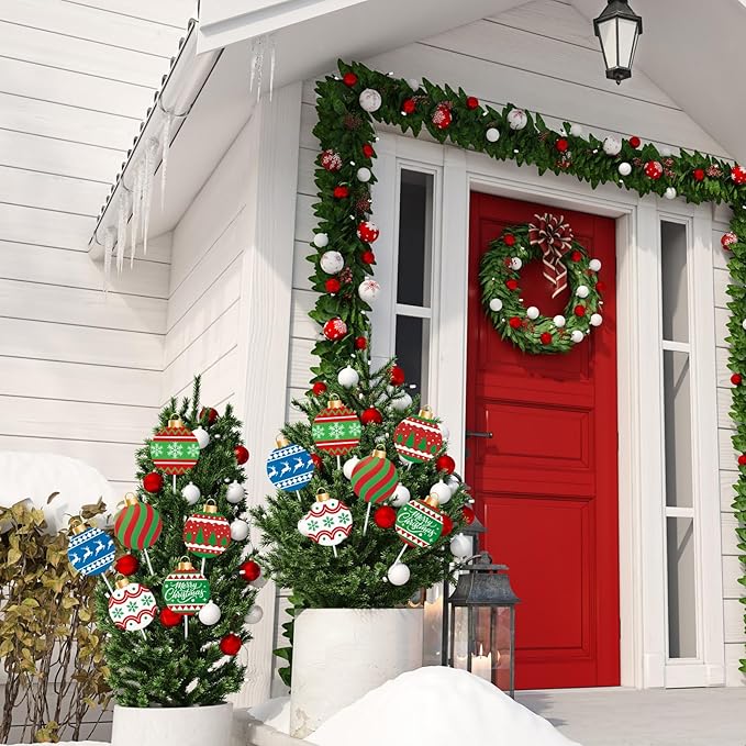 Shimeyao 6 Pcs 12 Inch Metal Christmas Garden Stakes Ugly Sweater Outdoor Plant Stakes Christmas Ball Yard Signs Xmas Outdoor Decor for Home Lawn Porch Holiday Front Backyard