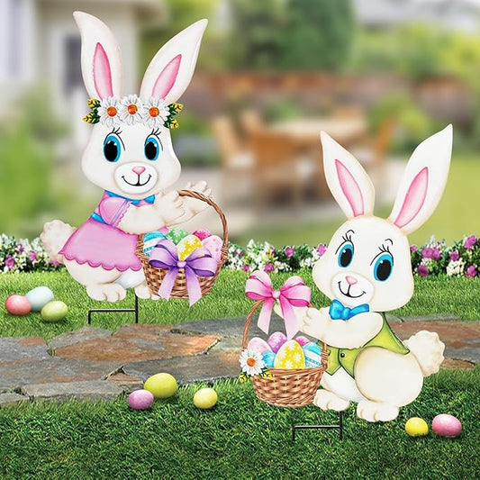 Easter Decorations Outdoor,2 Pack Metal Easter Egg Bunny Yard Signs for Outside,Cute Bunny Garden Stakes for Lawn,Yard,Rabbit Gifts for Women