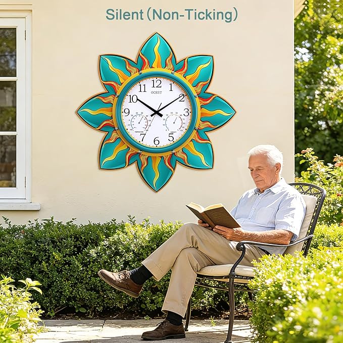 OCEST 24 Inch Outdoor Clock, Waterproof with Thermometer and Hygrometer Combo, Silent No-Ticking Outdoor Wall Clocks, Quartz Clock for Patio Garden Flame Petal