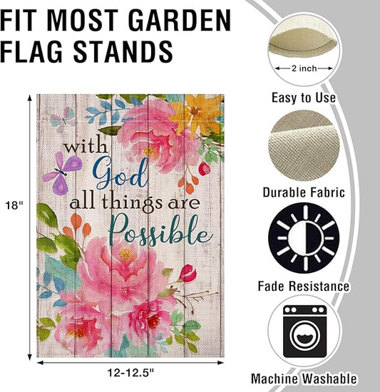 Artofy with God all Things are Possible Christian Home Decorative Garden Flag, Spring Summer Religious House Yard Outdoor Peony Flower, Inspirational Butterfly Outside Farmhouse Small Decor 12 x 18