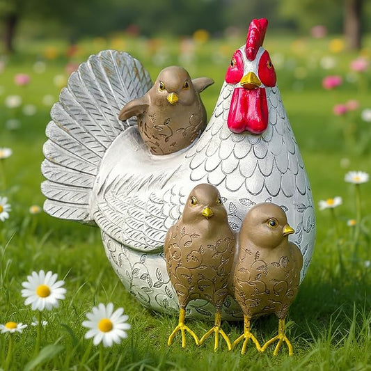 Elenon Sitting Mother Hen and Baby Chick Statue, Resin Farm Animal Decoration, Chicken Sculpture Yard Art Outdoor Lawn Decoration