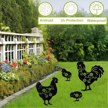 Flohuaer Chicken Metal Decorative Garden Stakes 4pcs Chicken for Women/Men Chicken Lovers Gifts Silhouette Statues for Outside Yard Art Outdoor Patio Lawn Ornaments Garden Decorations