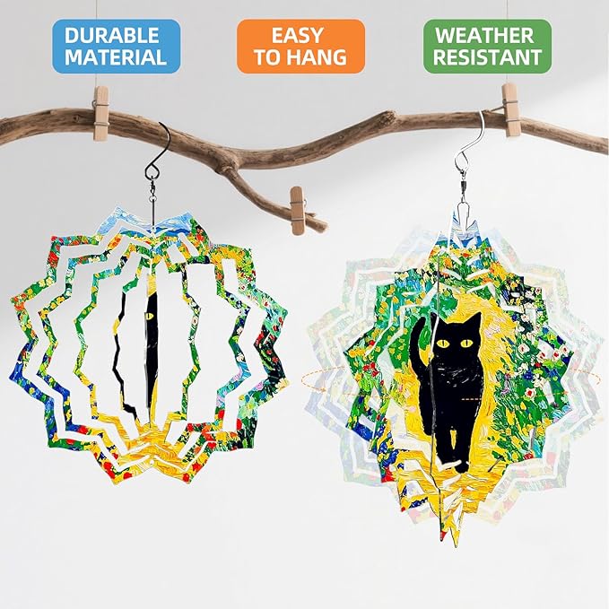 8 Inch Sublimation Wind Spinner, 3D Aluminum Metal Wind Spinner with Hook, Indoor Yard Garden Hanging Decoration, Weather Resistant Rotating Spiral Ornament, Black Cat in Flowers