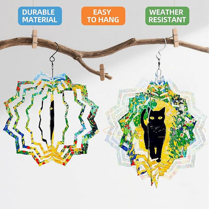 8 Inch Sublimation Wind Spinner, 3D Aluminum Metal Wind Spinner with Hook, Indoor Yard Garden Hanging Decoration, Weather Resistant Rotating Spiral Ornament, Black Cat in Flowers