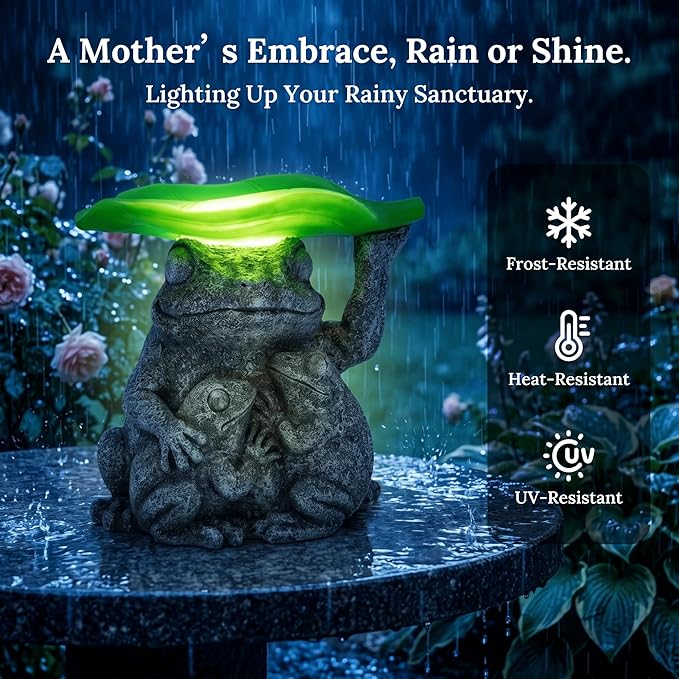 MXwcy Solar Garden Lights Frog Statue Bird Feeder, 7.87" Resin Frog Family Statue Solar Garden Decor, Solar Lights Outdoor Waterproof for Yard Patio Lawn, Frog Gifts for Women Mom Grandma