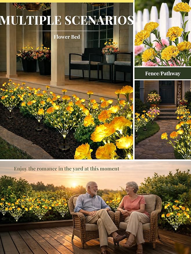 GIGALUMI Solar Lights Outdoor for Garden Decor, 4 Pack Solar Flower Lights Waterproof, 2 Lighting Modes 28 Carnations for Pathway,Yard, Patio Decoration, Gardening Gifts for Women (Yellow)