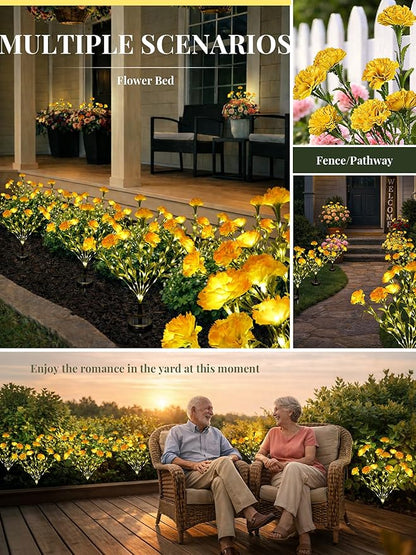 GIGALUMI Solar Lights Outdoor for Garden Decor, 2 Pack Solar Flower Lights Waterproof, 2 Lighting Modes 14 Carnations for Pathway,Yard, Patio Decoration, Gardening Gifts for Women (Yellow)
