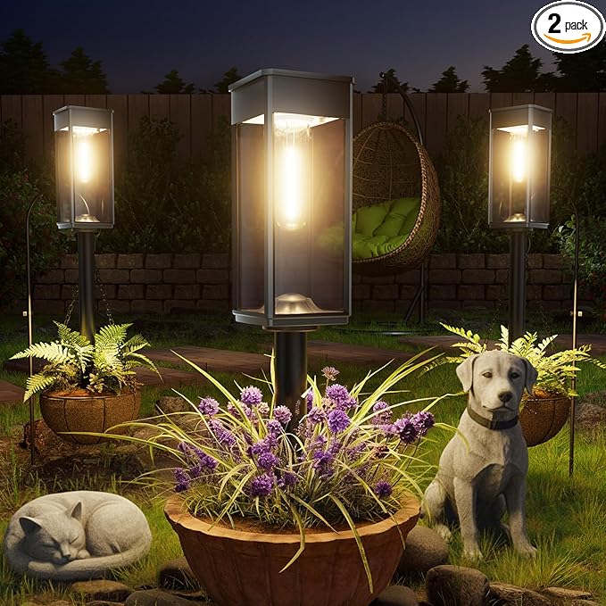 ALFIOT Solar Pathway Lights Outdoor, 2 Pack Bright Solar Lights Outdoor, IP65 Waterproof Solar Garden Lights Solar Powered Landscape Lighting for Yard Patio Walkway Driveway Pathway (Warm White)