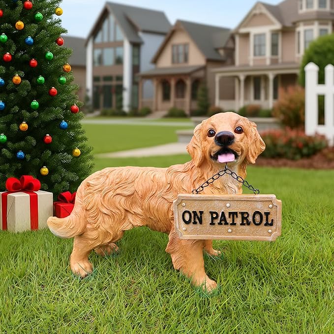 Yellow Retriever Welcome Greeter with Solar Lantern and Double-Sided Sign, Standing Retriever Garden Sculpture for Yard Paths, Front Door & Terrace
