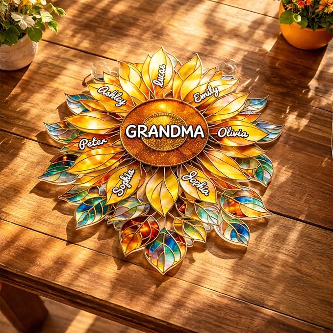 Personalized Grandma Sunflower Stained Glass Suncatcher, Custom Grandkids Names Window Hanging, Sunflower Ornament for Grandma, Window Decor Gift, Gift for Mother’s Day