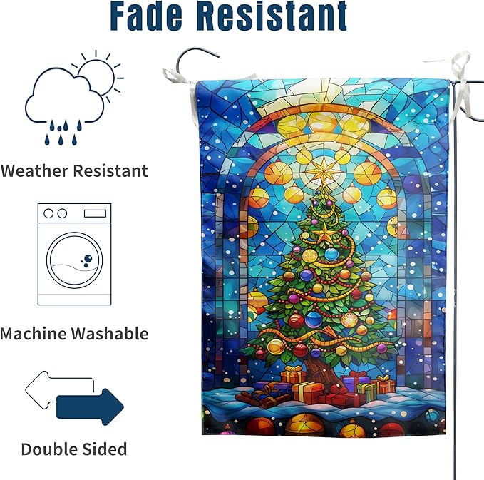 Stained Glass Christmas Tree Garden Flag Merry Xmas House Flags 28x40 Double Sided Welcome New Year Outdoor Flag Happy Holidays Flag Large Winter Yard Flag for Outside Lawn Decor