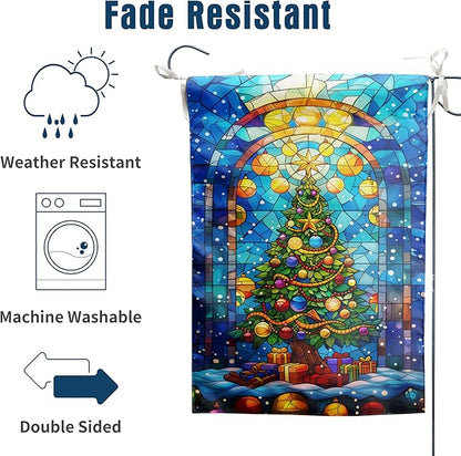 Stained Glass Christmas Tree Garden Flag Merry Xmas House Flags 28x40 Double Sided Welcome New Year Outdoor Flag Happy Holidays Flag Large Winter Yard Flag for Outside Lawn Decor