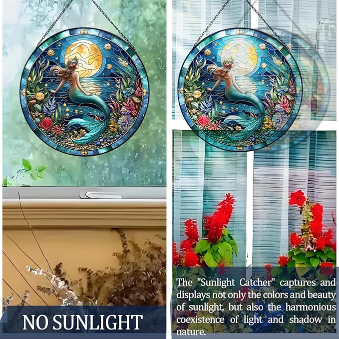 RIVEENY Mermaid Suncatcher Stained, Stained Glass Window Hanging, Mermaid Suncatchers for Windows, Hand Painted Glass for Ocean Lover 20cm/7.87inch