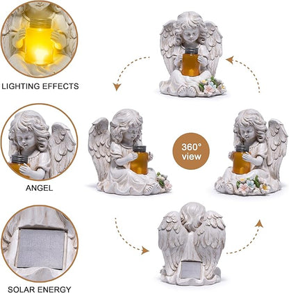 basen Solar Angel Garden Statue with Lighted Wishing Jar, Resin Outdoor Guardian Angel Figurine, Waterproof Lawn Yard Patio Decor, Memorial Sympathy Sculpture for Porch Backyard Gift