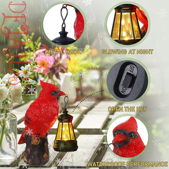 Suzile 2 Pcs Cardinal Gifts Red Cardinal Solar Light Cardinals Garden Decor Red Bird Figurine 6.3" Couple Cardinals Memorial Mothers Day Gifts Solar Light Statue for Memorial Balcony Yard Garden
