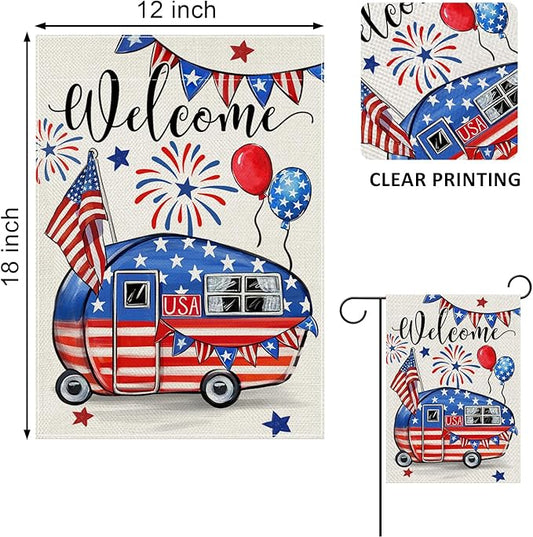 Welcome 4th of July Camping Patriotic Decorative Garden Flag, America USA Stars Stripes Camper RV Yard Outside Decorations, American Campsite Outdoor Small Home Decor Double Sided 12 x 18