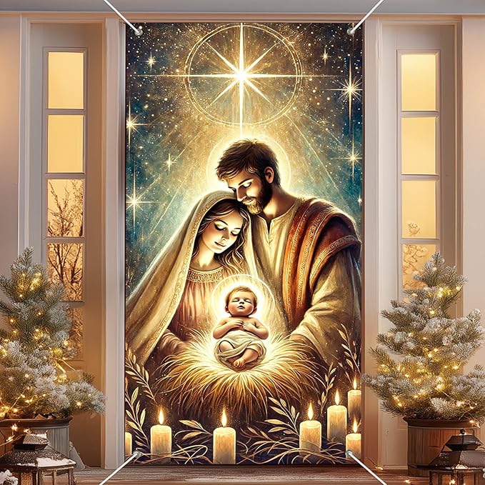 IVN Christmas Door Cover Decoration 71 x 35 in Holiday Banner Glowing Nativity Scene with Radiant Infant and Holy Family Photo Backdrop Indoor Outdoor for Front Door Party Decorations