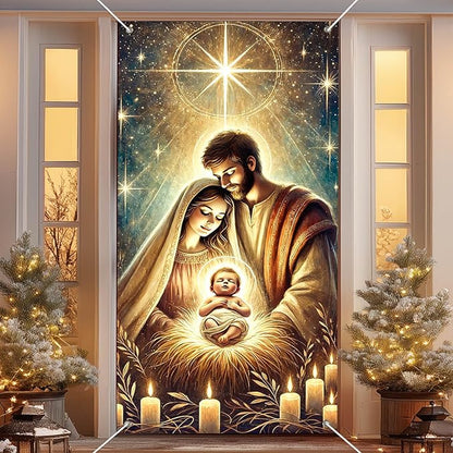 IVN Christmas Door Cover Decoration 71 x 35 in Holiday Banner Glowing Nativity Scene with Radiant Infant and Holy Family Photo Backdrop Indoor Outdoor for Front Door Party Decorations