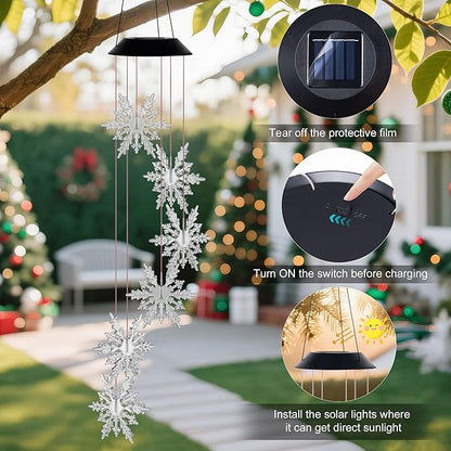 Snowflake Wind Chime,Christmas Solar Wind Chimes for Outside,Waterproof Hanging Solar Lights 6 Color Changing LED Light Windchime Outdoor Decor Gift for Holiday Garden Porch Patio Yard Decor