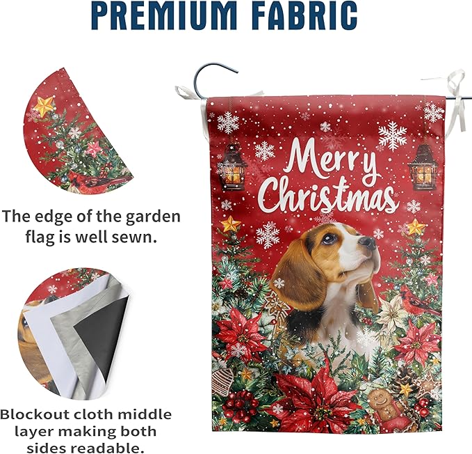 Christmas Beagle Garden Flag Merry Christmas Dog Yard Flag for Outside Xmas Flags 12x18 Double Sided Red Poinsettia Garden Flags Winter Porch Decorations Outdoor