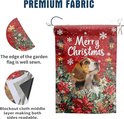 Christmas Beagle Garden Flag Merry Christmas Dog Yard Flag for Outside Xmas Flags 12x18 Double Sided Red Poinsettia Garden Flags Winter Porch Decorations Outdoor