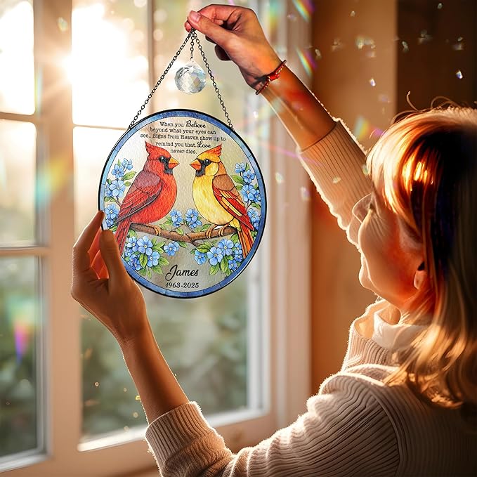 Personalized Cardinal Stained Glass Suncatcher Memorial, Custom Red & Yellow Cardinals Window Hanging with Crystal, Sympathy Gifts for Loss of Loved One, Memorial Day for Mom, Dad, Grandparent