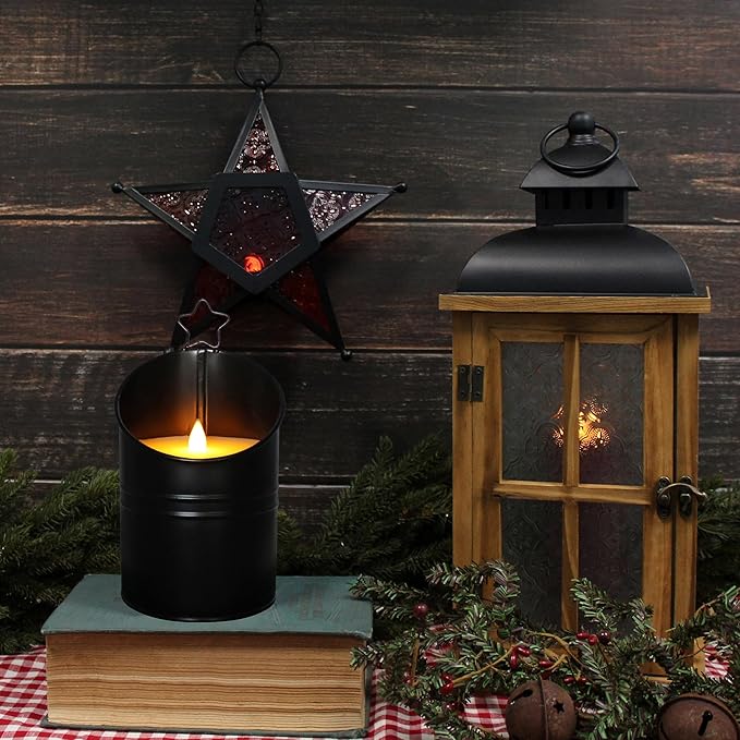 CVHOMEDECO. Vintage Galvanized Can Flameless LED Candle, Real Wax in Antique Galvanized Jar Flickering Candle with Remote Control for Tabletop Wall Decor. H 8 Inch, Black