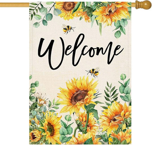 Baccessor Spring House Flag Sunflower Bee Eucalyptus Leaves Welcome Flag 28 x 40 Inch Double Sided Burlap Yard Large Spring Summer Outside Decor