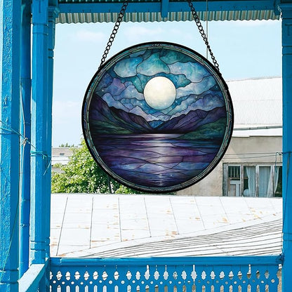 DASTOLL Stained Glass Window Hanging, Blue Night Moon Lake Sun Catchers Colorful Glass Panel Landscape Suncatcher Decor for Birthday for Women, Men, Wife, Aunt, and Mom 14.9x14.9 in