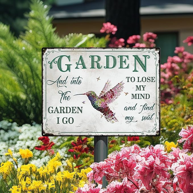 Bnesi Garden Signs for Outside Rustic Garden Home Outdoor Sign Decor Gift for Mothers Day, Grandmas Humming Bird Outside Sign Decoration Welcome Sign Patio Signs and Decor Outdoor (Pink, Plant)