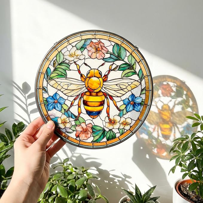 Stained Glass Window Hanging, Bee in Garden Flowers Sun Catcher, 7.87 InchHandmade Suncatcher for Window, Home Kitchen Decor, Gift for Gardeners, Bee Lovers, Birthday