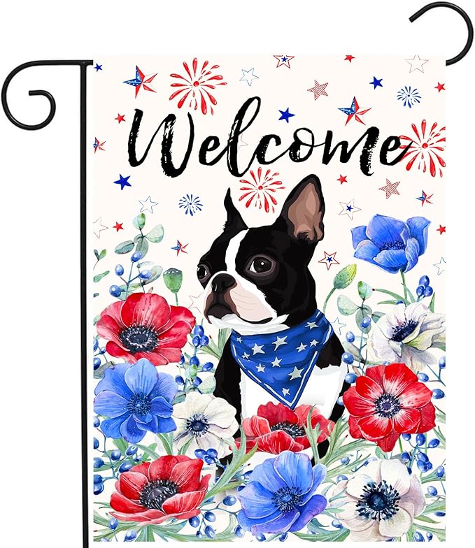 4th of July Boston Terrier Garden Flag Red White Blue Floral Dog Yard Flags Small Memorial Independence Day Banner 12x18 Double Sided for Outside Outdoor Patriotic Decor