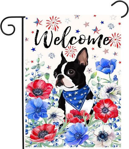 4th of July Boston Terrier Garden Flag Red White Blue Floral Dog Yard Flags Small Memorial Independence Day Banner 12x18 Double Sided for Outside Outdoor Patriotic Decor