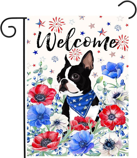 4th of July Boston Terrier Garden Flag Red White Blue Floral Dog Yard Flags Small Memorial Independence Day Banner 12x18 Double Sided for Outside Outdoor Patriotic Decor