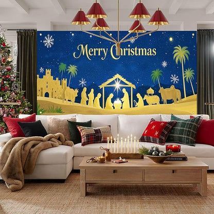 HOMETITUTE Christmas Garage Door Banner 13x6ft Gold Nativity Scene with Baby and Figures Blue Night Sky Green Palm Trees Gold Castle Holiday Outdoor Yard Decor Seasonal Party Backdrop