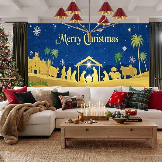 HOMETITUTE Christmas Garage Door Banner 13x6ft Gold Nativity Scene with Baby and Figures Blue Night Sky Green Palm Trees Gold Castle Holiday Outdoor Yard Decor Seasonal Party Backdrop