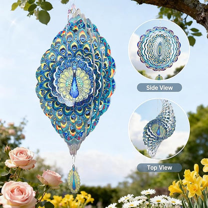 Peacock Wind Spinners Outdoor, 12In Stainless Steel Wind Spinners Outside, 3D Kinetic Hanging Sculpture, Rustproof Metal Garden Decor Ornaments for Yard Art, Women, Men, Holidays