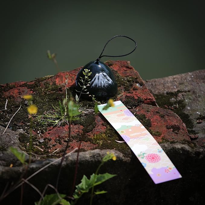 Japanese Wind Chime Cast-Iron Outdoor Ornament for Garden, Patio & Balcony, Hanging Metal Wind-Bell Decoration Gift, Blessing Pendant Windchimes & PVC Wind-Catcher, Mt. Fuji - Green
