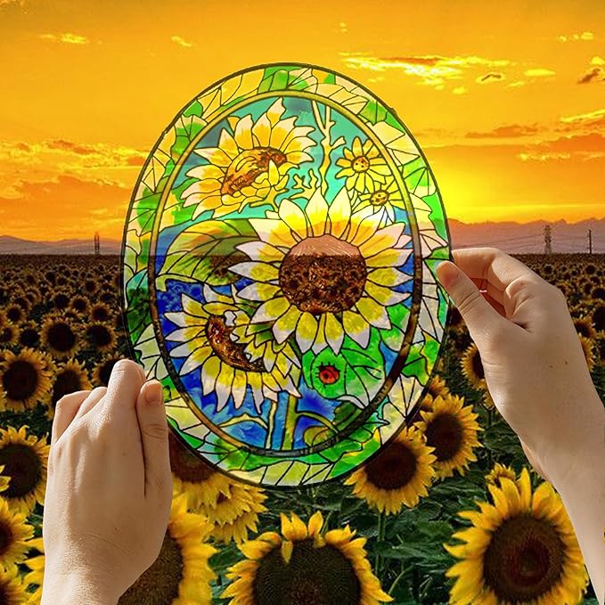 Sunflower Stained Glass Window Hanging Home Decor Suncatchers Indoor Window Gift for Mom Women Flower Lovers
