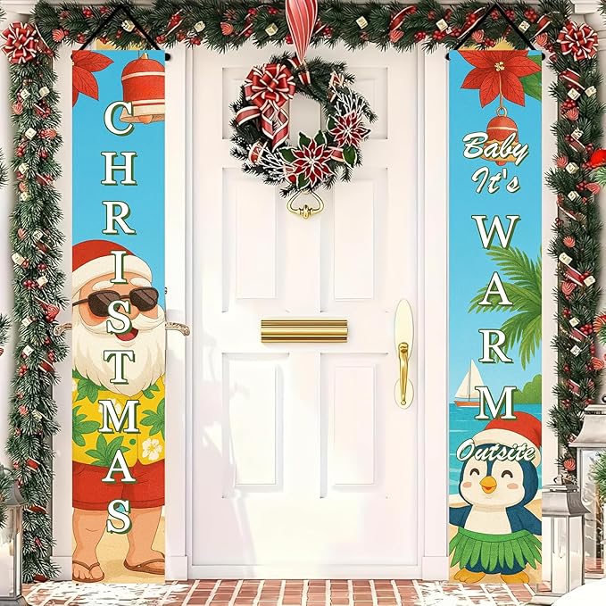 Tropical Christmas Porch Banner 12x71 Inch Beach Santa Penguin Christmas Door Banner Holiday Front Door Decor Outdoor Hanging Sign for Winter Christma Decorations Xmas Porch Sign for Front Door Outdoor Winter Home Decor