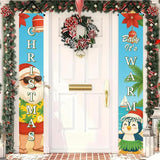 Tropical Christmas Porch Banner 12x71 Inch Beach Santa Penguin Christmas Door Banner Holiday Front Door Decor Outdoor Hanging Sign for Winter Christma Decorations Xmas Porch Sign for Front Door Outdoor Winter Home Decor
