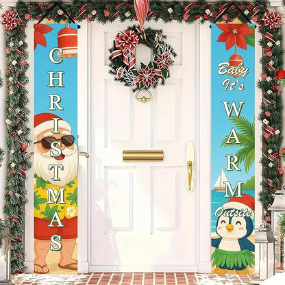 Tropical Christmas Porch Banner 12x71 Inch Beach Santa Penguin Christmas Door Banner Holiday Front Door Decor Outdoor Hanging Sign for Winter Christma Decorations Xmas Porch Sign for Front Door Outdoor Winter Home Decor