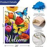 Louise Maelys Welcome Spring Floral House Flag 28x40 Inch Double Sided, Burlap Large Spring Summer Butterfly Yard for Seasonal Outside Outdoor House Decoration