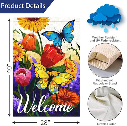 Louise Maelys Welcome Spring Floral House Flag 28x40 Inch Double Sided, Burlap Large Spring Summer Butterfly Yard for Seasonal Outside Outdoor House Decoration